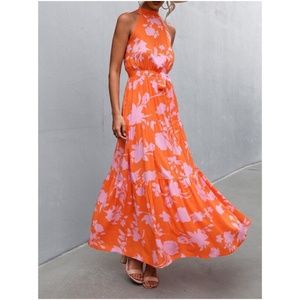 Boho Orange Floral Print Halter Maxi Dress Cottagecore
